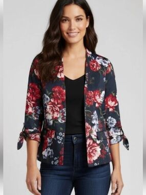 LOFT Navy Floral Blazer with Red and White Blooms